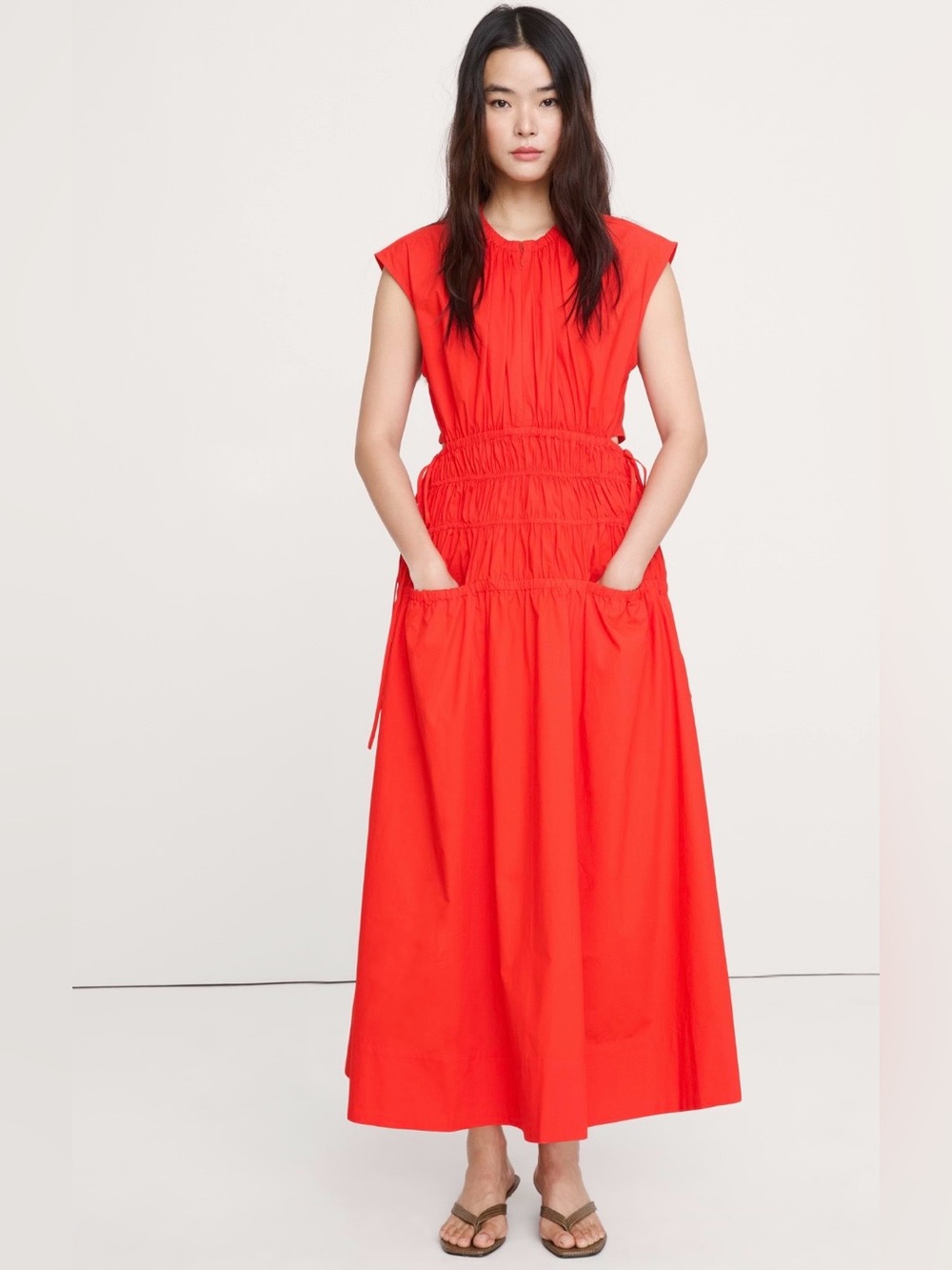NWT-Banana Republic Red Smocked Cotton Poplin Maxi Dress With Open Back, Medium